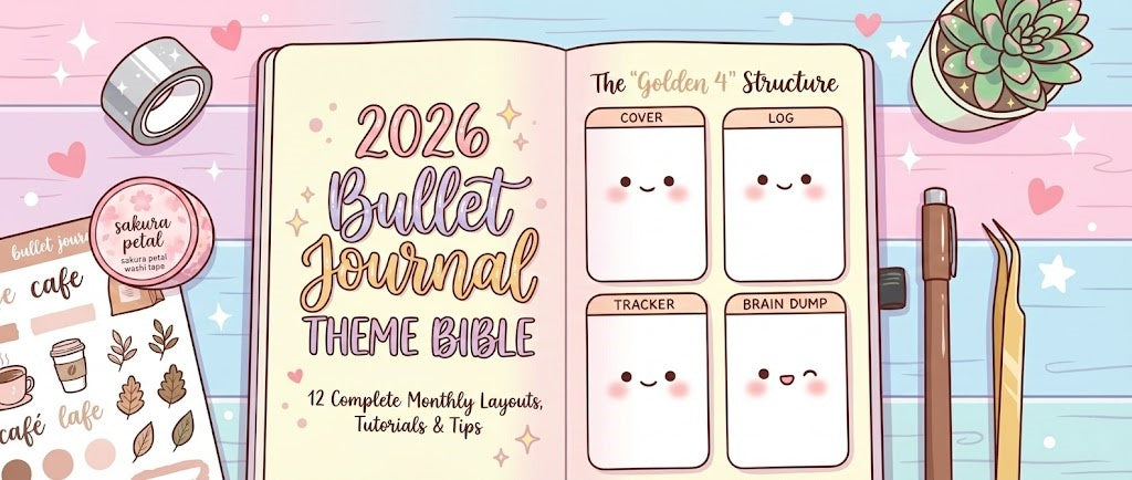 Illustrated flat lay of an open bullet journal titled '2026 Bullet Journal THEME BIBLE'. Shows a cute four-box layout structure and surrounding pastel stationery.