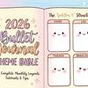 Illustrated flat lay of an open bullet journal titled '2026 Bullet Journal THEME BIBLE'. Shows a cute four-box layout structure and surrounding pastel stationery.
