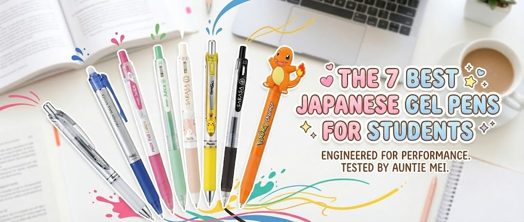 Kawaii blog header showing seven Japanese gel pens (Pilot, Pentel, Pokemon) on a student desk. Text reads THE 7 BEST JAPANESE GEL PENS FOR STUDENTS.