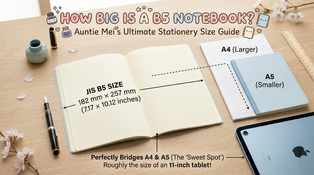 Cute visual size guide comparing a B5 notebook (182x257mm) to A4 paper, an A5 notebook, and an 11-inch tablet, with kawaii stationery doodles.