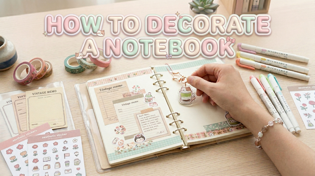 Cute blog banner titled "How to Decorate a Notebook" showing hands decorating an open planner with kawaii stickers, washi tape, and pastel highlighters.