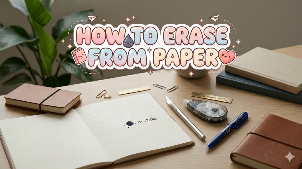 Bubble-style title "HOW TO ERASE FROM PAPER" over a desktop flatlay with a mistake notebook, craft knife, eraser, and FriXion pen.
