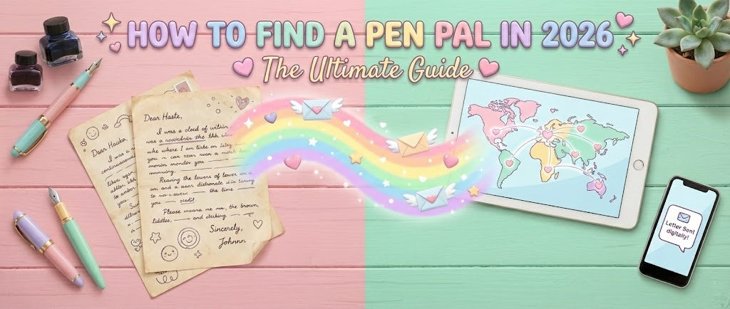 Realistic flat lay featuring handwritten letters merging with a digital tablet map, illustrating how to find a pen pal in 2026.