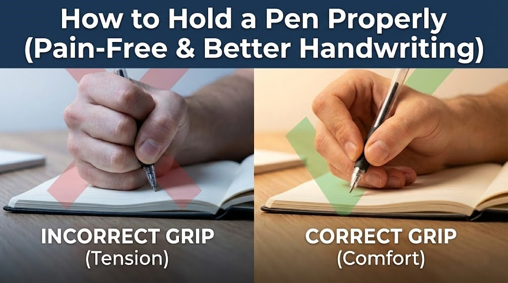 Realistic split screen blog banner titled How to Hold a Pen Properly Pain Free and Better Handwriting showing a comparison between a tense incorrect grip on the left and a relaxed correct tripod grip on the right