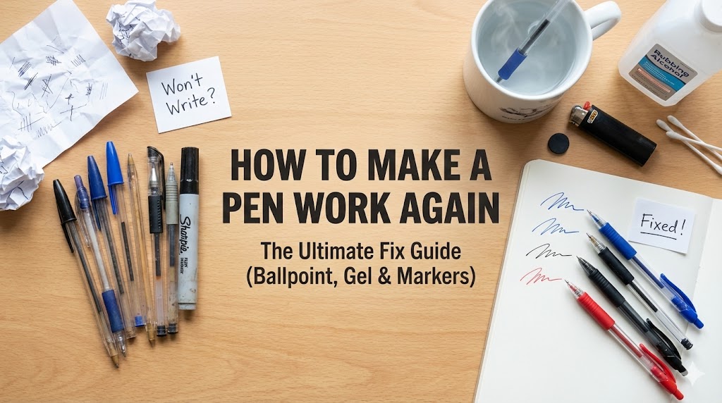 A photorealistic flat lay on a wooden desk serving as a blog banner for the How to Make a Pen Work Again guide.