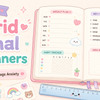 Kawaii-style pastel blog banner showing an open dot grid journal with weekly plan, habit tracker, and key/index layouts, surrounded by cute stationery, washi tape, ruler, pen, and highlighter characters for a beginner dot grid journaling guide.