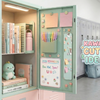 Open mint green locker decorated with kawaii aesthetic. Features plush dino, books, organized pens, and whiteboards. Text says