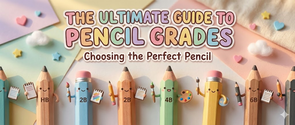 Kawaii banner titled The Ultimate Guide to Pencil Grades. Cute smiling pencils labeled HB 2B 4B and 6B hold art supplies against a pastel background.