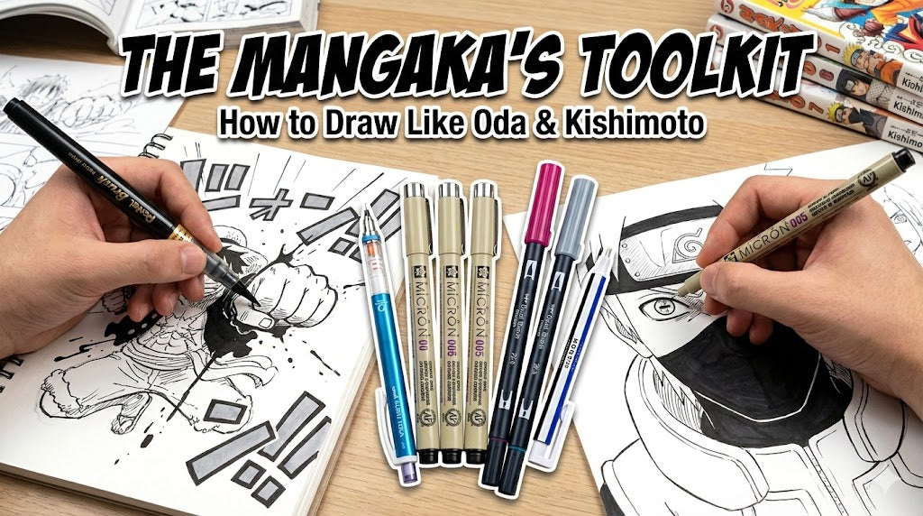 Blog banner "THE MANGAKA'S TOOLKIT". Hands draw Luffy (left) and Naruto (right) with specific pens. Center shows Sakura Microns, Tombow pens, and Kuru Toga pencil on a desk.