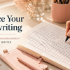 Person writing quickly with messy handwriting in a notebook at a desk