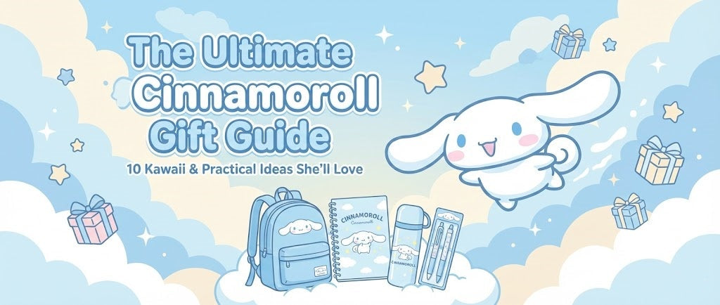 Cinnamoroll themed blue blog banner for "The Ultimate Cinnamoroll Gift Guide" featuring Sanrio stationery and accessories.