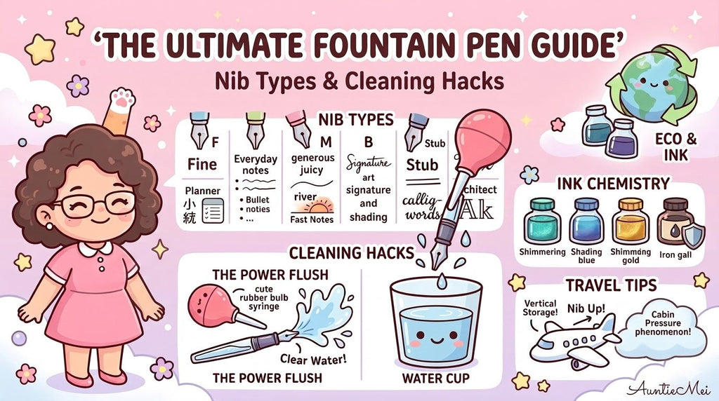 Blog banner for "The Ultimate Fountain Pen Guide" illustrating nib sizes, bulb syringe cleaning hacks, ink bottle types, and flight travel tips.