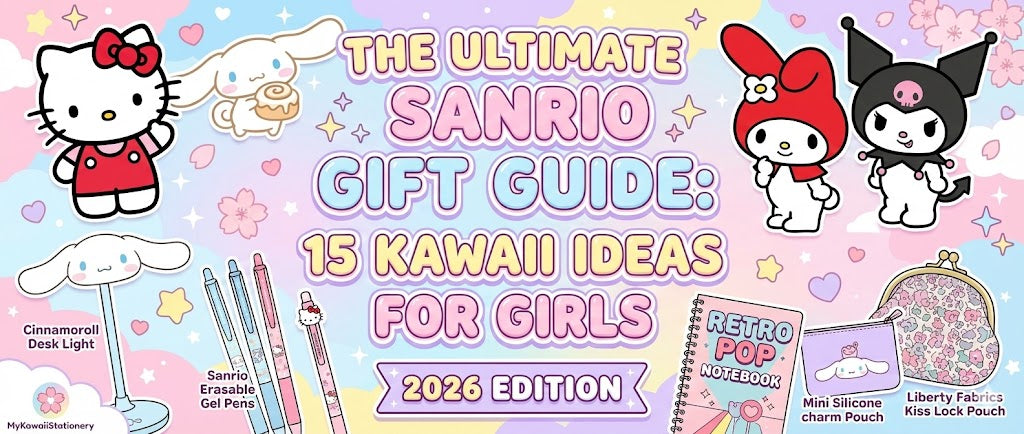 Pastel blog banner titled "The Ultimate Sanrio Gift Guide: 15 Kawaii Ideas for Girls (2026 Edition)" featuring Hello Kitty, Cinnamoroll, My Melody, and Kuromi alongside popular stationery gifts like erasable pens, retro notebooks, and desk lights.