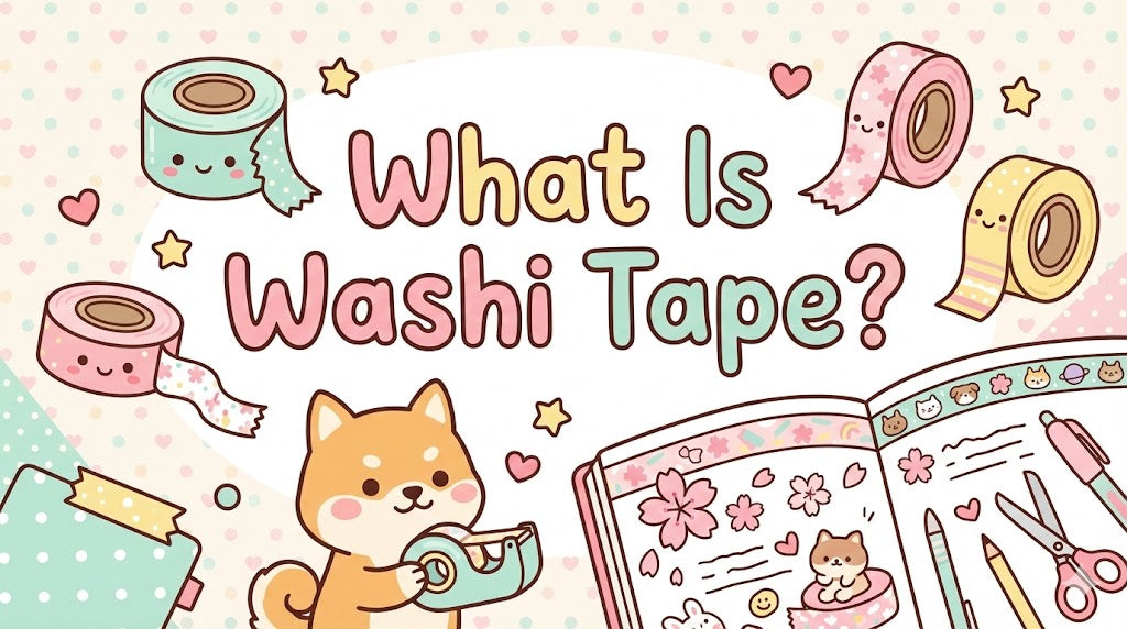 A banner with text reading What Is Washi Tape? featuring a cute Shiba Inu dog using tape and smiling decorative rolls around an open art journal.