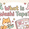 A banner with text reading What Is Washi Tape? featuring a cute Shiba Inu dog using tape and smiling decorative rolls around an open art journal.