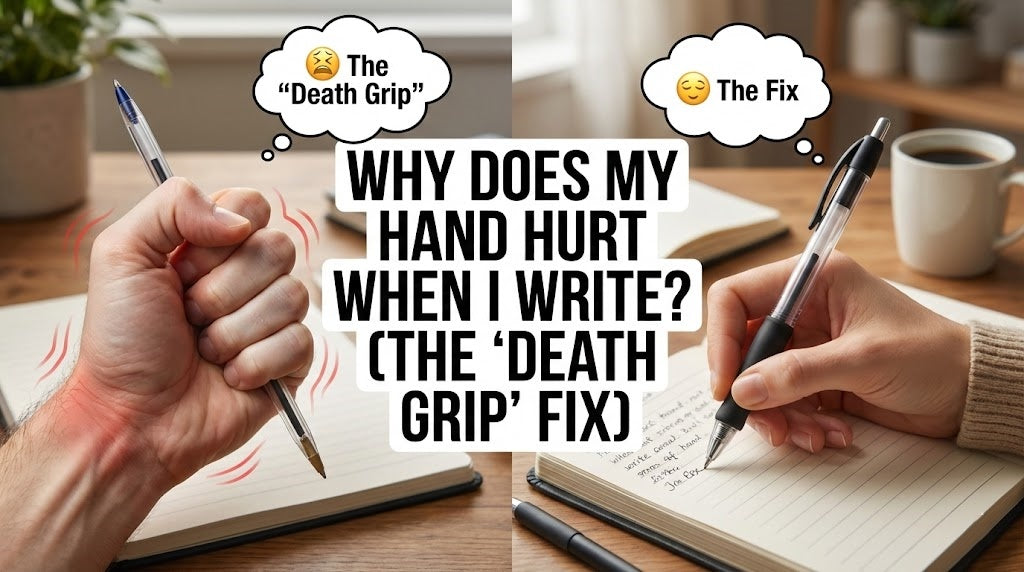 A realistic split screen blog banner comparing a tense hand tightly clutching a thin ballpoint pen versus a relaxed hand holding a wide ergonomic pen to illustrate the proper way to reduce writing fatigue