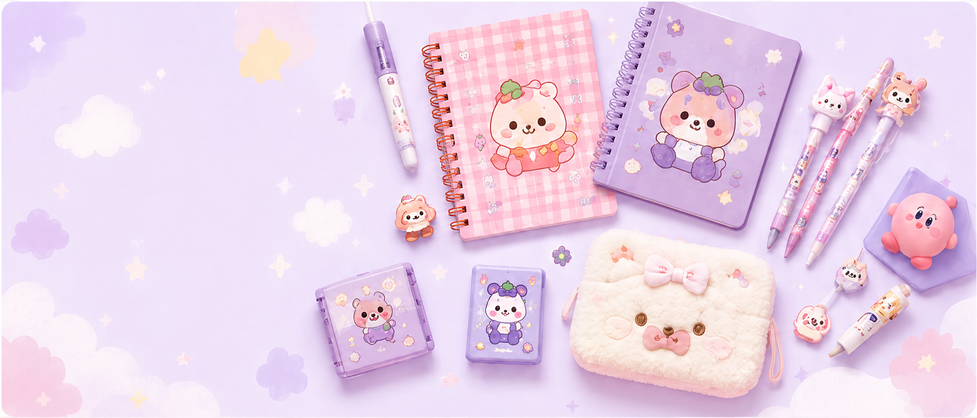 Pastel kawaii stationery collection with cute notebooks, pens, pencil case and accessories on a soft purple background