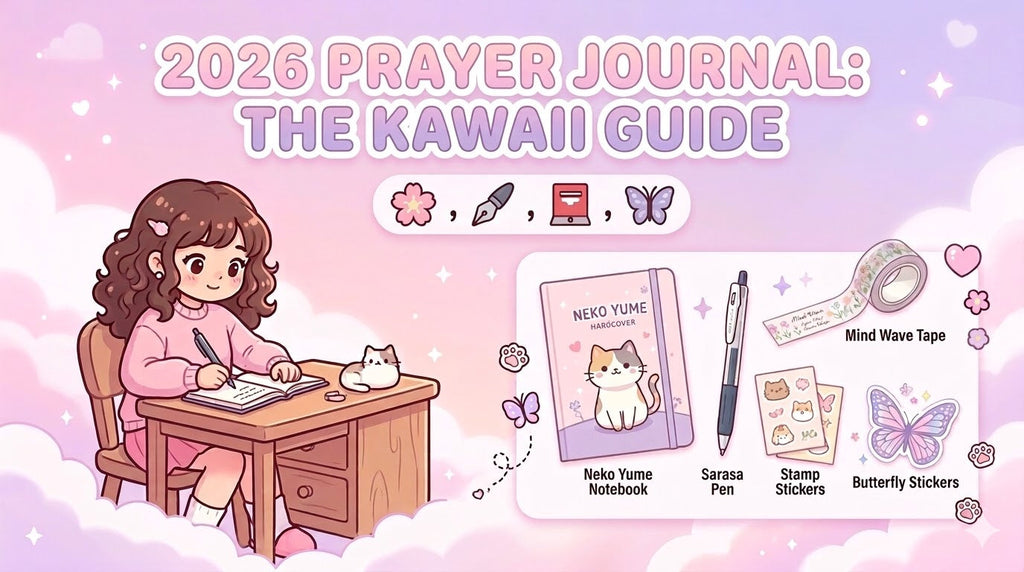 Blog banner for a 2026 prayer journal guide featuring an illustrated girl writing at a desk alongside a notebook, pen, washi tape, and stickers.