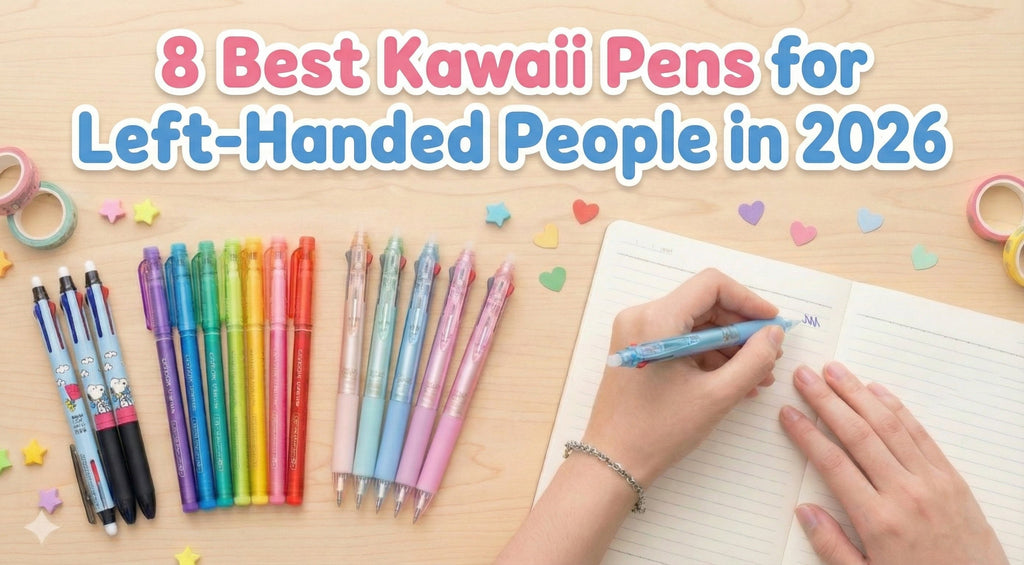 '8 Best Kawaii Pens for Left-Handed People in 2026'. A left hand is shown holding a cute pastel pen, ready to write on a desk filled with kawaii stationery supplies like washi tape and stickers.