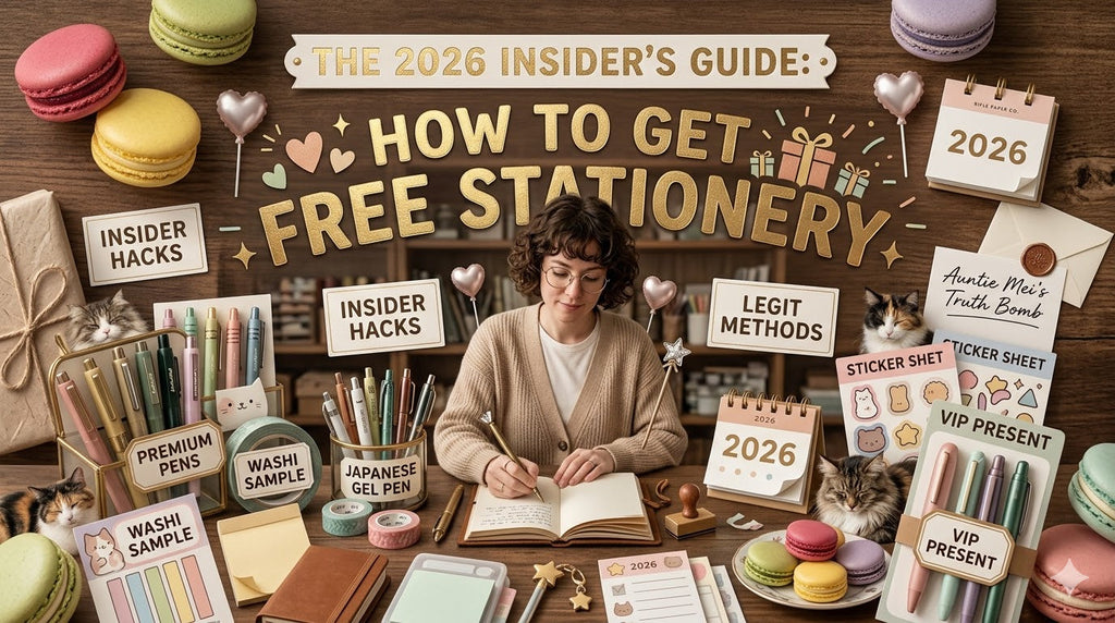 Kawaii illustration of a woman writing at a desk with pens, cats, and stickers. Main text: 'The 2026 Insider's Guide to Free Stationery'. Tips like 'INSIDER HACKS' are present.