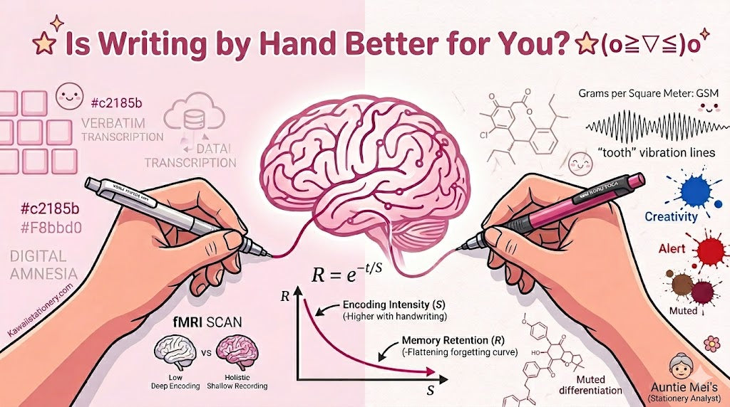 Auntie Mei Infographic: Brain scans, memory charts (R=e^-t/S) show cognitive benefits of handwriting vs typing, using Kuru Toga and Pentel tools.