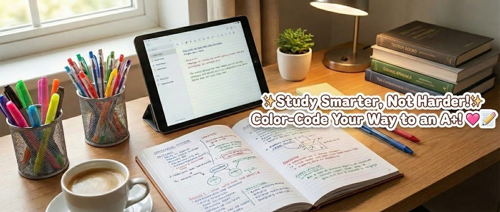 Cozy study desk with color coded notebook and iPad next to colorful pens. Cute banner text reads Study Smarter Not Harder Color Code Your Way to an A.