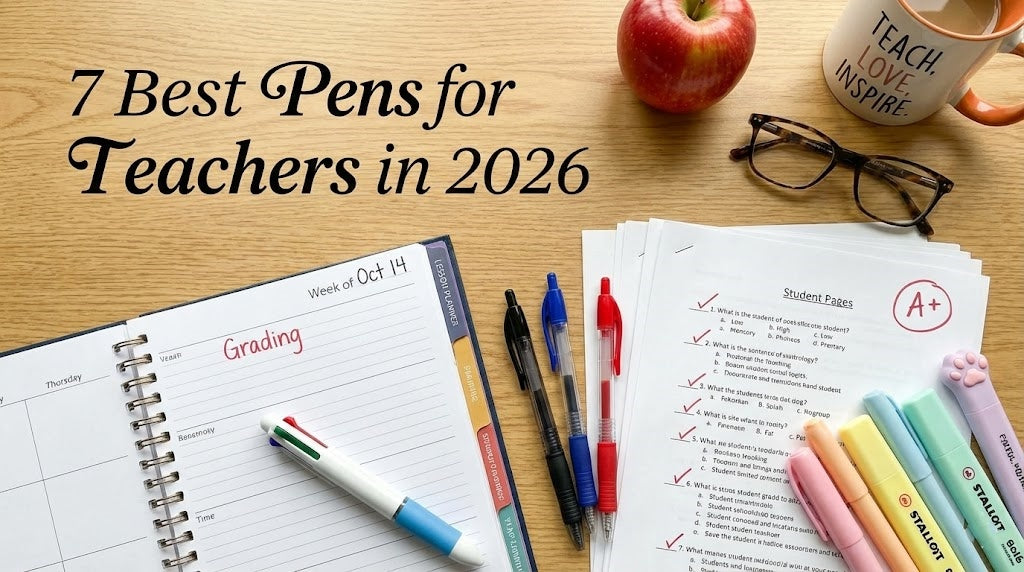 Blog banner featuring a flatlay of a teacher's desk with a lesson planner marked 'Grading', graded student papers with red ink and an A+, a red apple, and assorted grading pens and pastel highlighters. Text overlay reads: 7 Best Pens for Teachers in 2026.