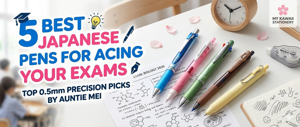 Blog banner reading "5 Best Japanese Pens for Acing Your Exams". Shows five top 0.5mm precision pens (Pentel, Uni, Pilot, Zebra) on a biology exam paper.