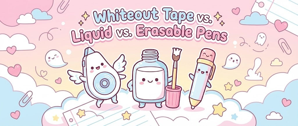 A banner with the title "Whiteout Tape vs. Liquid vs. Erasable Pens". It shows cute animated characters of a tape dispenser, liquid bottle, and erasable pen against a pastel cloud and doodle background.