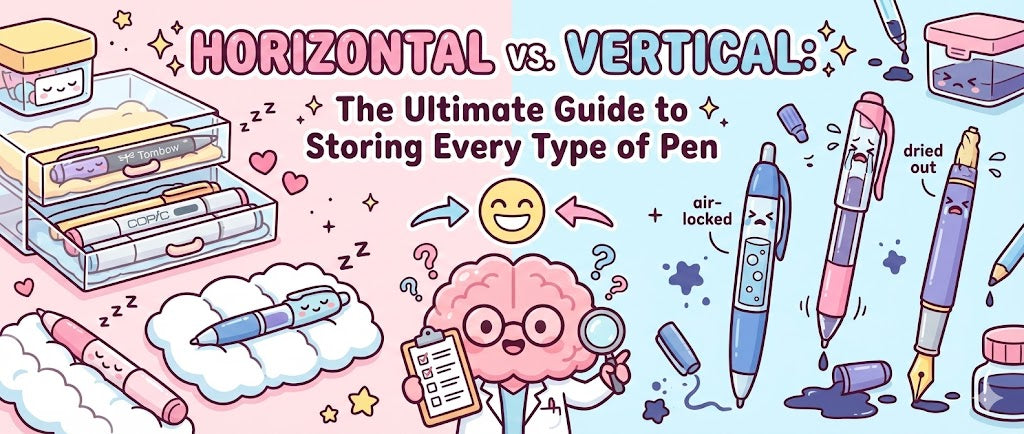 "HORIZONTAL vs. VERTICAL: The Ultimate Guide to Storing Every Type of Pen". Shows happy horizontally stored pens vs. sad, leaking, or dried-out vertical pens.