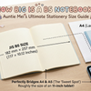 Cute visual size guide comparing a B5 notebook (182x257mm) to A4 paper, an A5 notebook, and an 11-inch tablet, with kawaii stationery doodles.