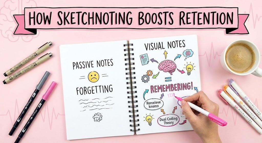 Comparison of passive notes and visual sketchnotes in a notebook with pens on a pink desk