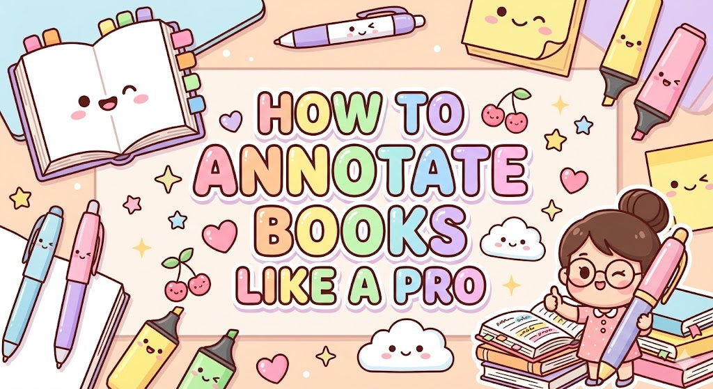 Blog banner with pastel text HOW TO ANNOTATE BOOKS LIKE A PRO. A cartoon girl with a giant pen poses with smiling books and cute stationery.