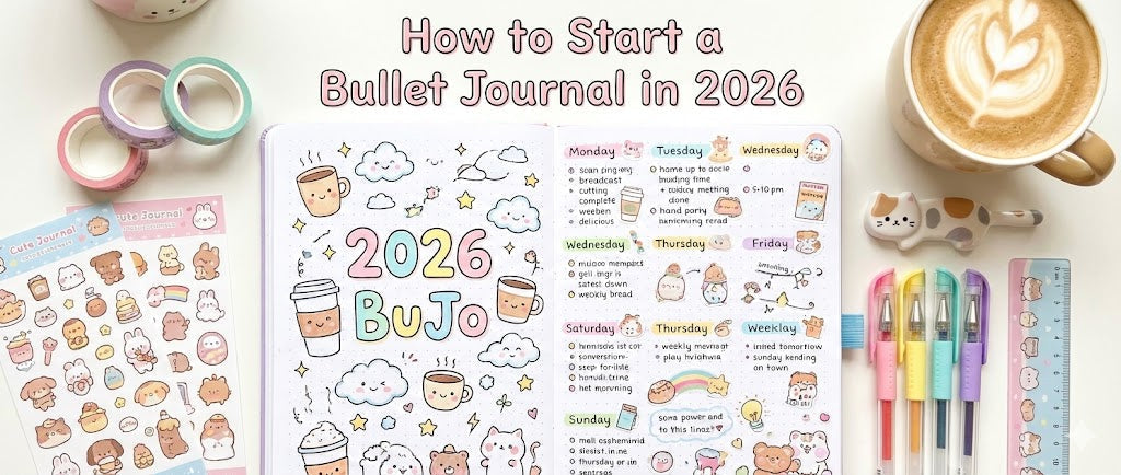 A vibrant and cute Kawaii Chaos style bullet journal spread featuring colorful stickers, pastel markers, and a relaxed layout, illustrating the fun way to start a bullet journal in 2026.