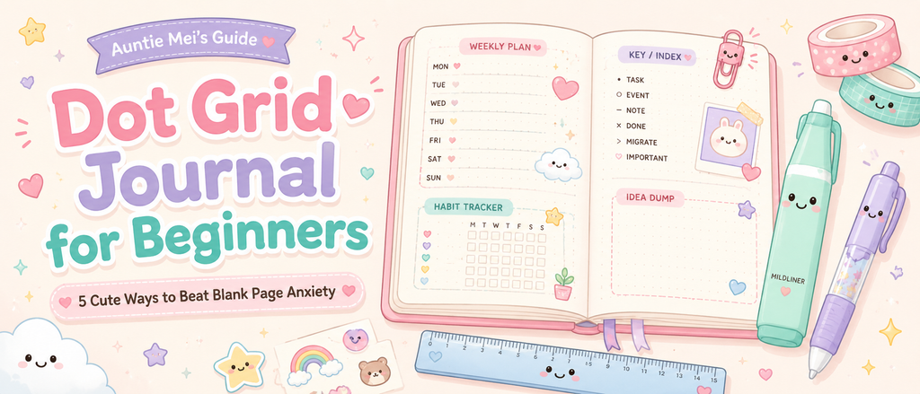 Kawaii-style pastel blog banner showing an open dot grid journal with weekly plan, habit tracker, and key/index layouts, surrounded by cute stationery, washi tape, ruler, pen, and highlighter characters for a beginner dot grid journaling guide.