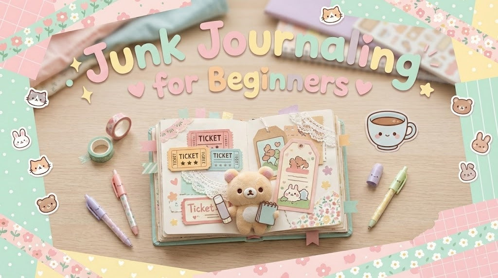 Pastel blog banner titled Junk Journaling for Beginners. Shows an open journal with a plush bear and ephemera, surrounded by pens, tape, and stickers.