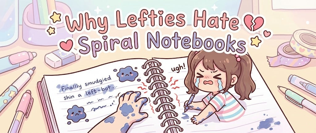 Cartoon banner illustrating "Why Lefties Hate Spiral Notebooks," showing a crying girl with a smudged left hand struggling to write past the metal rings.