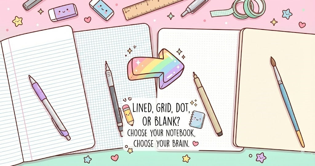 Professional minimalist banner comparing lined, grid, dot grid, and blank notebooks with writing tools and text 'Choose your notebook, choose your brain'