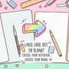 Professional minimalist banner comparing lined, grid, dot grid, and blank notebooks with writing tools and text 'Choose your notebook, choose your brain'
