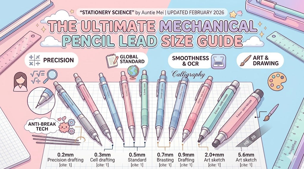 Pastel anime banner: The Ultimate Mechanical Pencil Lead Size Guide. It features 8 pencils (0.2mm to 5.6mm) arranged on grid paper with simple category labels.