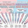 Pastel anime banner: The Ultimate Mechanical Pencil Lead Size Guide. It features 8 pencils (0.2mm to 5.6mm) arranged on grid paper with simple category labels.