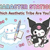 Sanrio Character Stationery Quiz banner with Hello Kitty, Cinnamoroll, Kuromi, and Pompompurin holding pens and notebooks on a pastel gradient background.
