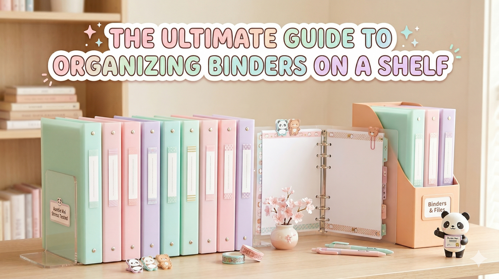 Header text "THE ULTIMATE GUIDE TO ORGANIZING BINDERS ON A SHELF" above organized pastel green, pink, and lavender binders, a ring binder, pandas, and cute stationery.