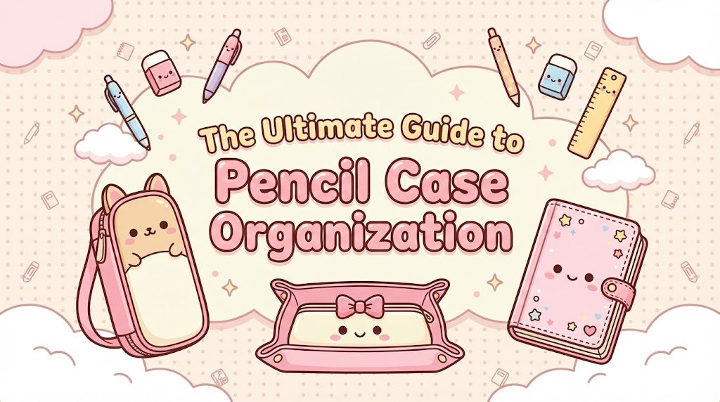 Pastel pink blog banner for "The Ultimate Guide to Pencil Case Organization," showing smiling standing, tray, and book-style pouches with cartoon stationery items and clouds.