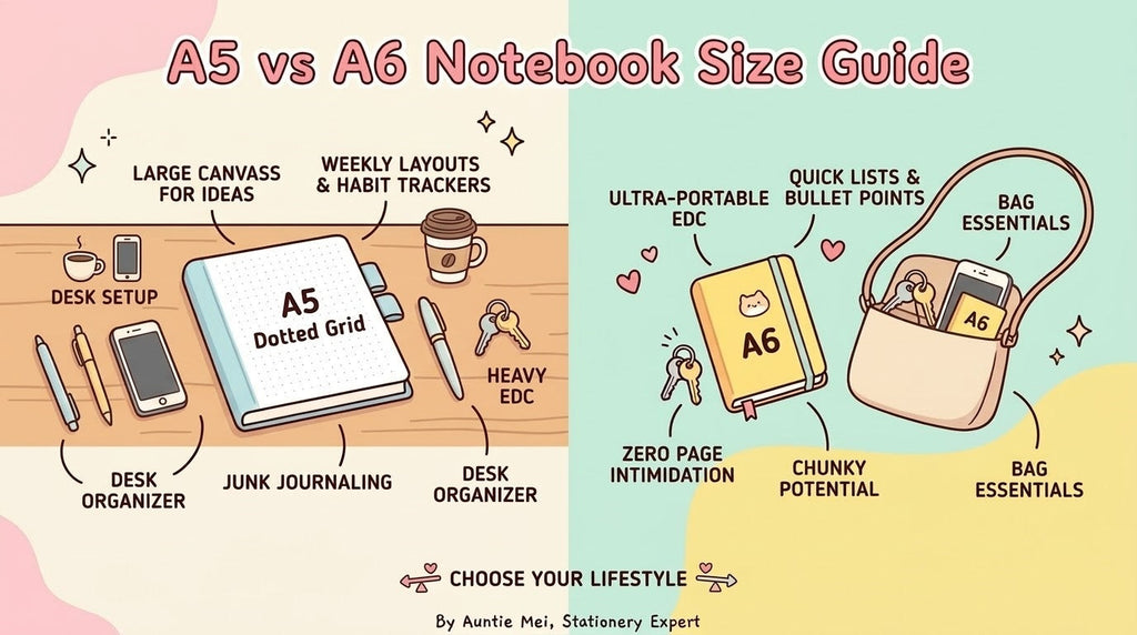 A comparison chart for A5 vs A6 notebooks, showing a large A5 on a desk with text and a small A6 in a bag with text. 