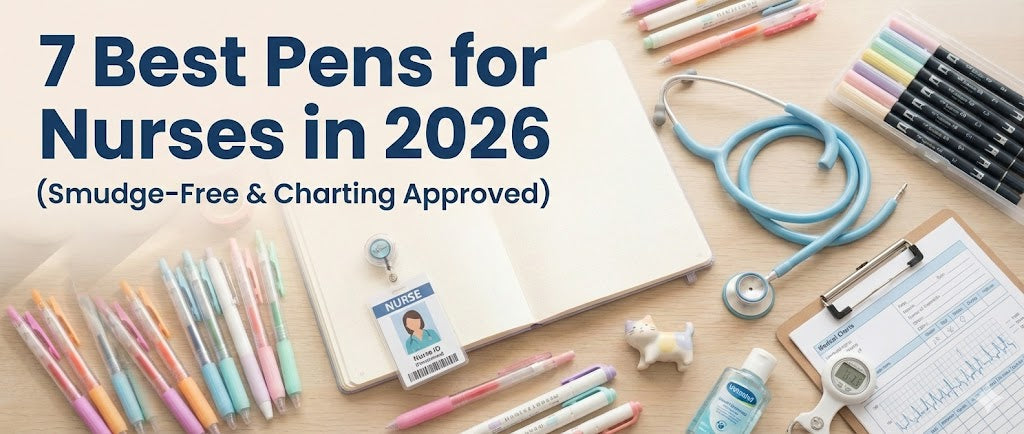 Blog banner titled '7 Best Pens for Nurses in 2026 (Smudge-Free & Charting Approved)'. The image displays a flatlay of medical essentials like a stethoscope and clipboard alongside retractable pens ideal for hospital shifts.