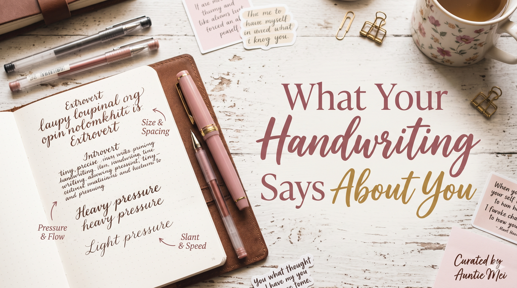 Blog banner titled "What Your Handwriting Says About You". An open notebook shows handwriting traits like size and pressure, next to pink pens on a white desk.