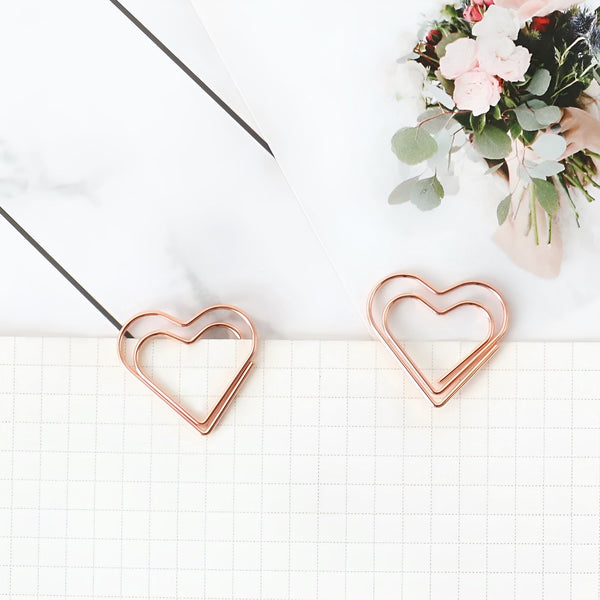 Rose Gold Heart Shaped Paper Clips - Set of 20