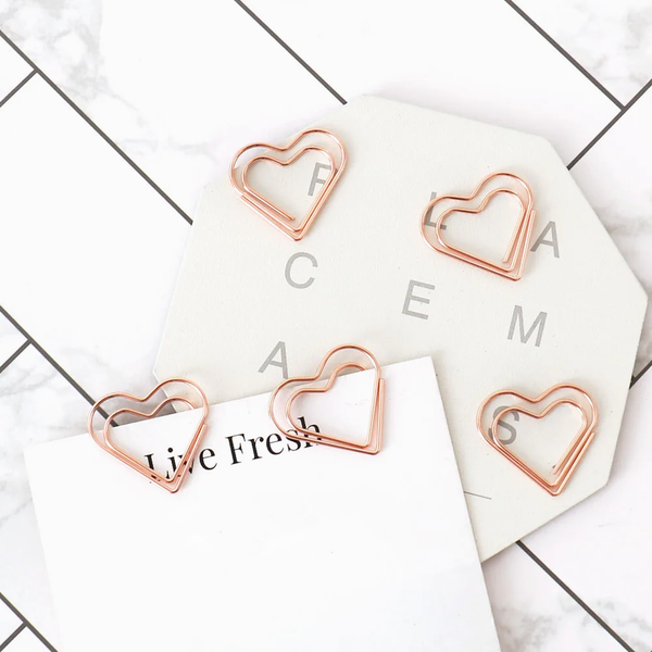 Rose Gold Heart Shaped Paper Clips - Set of 20