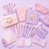 Best-selling kawaii stationery collection with cute notebooks, pens, pencil cases, memo pads, washi tapes and pastel accessories on a lavender background